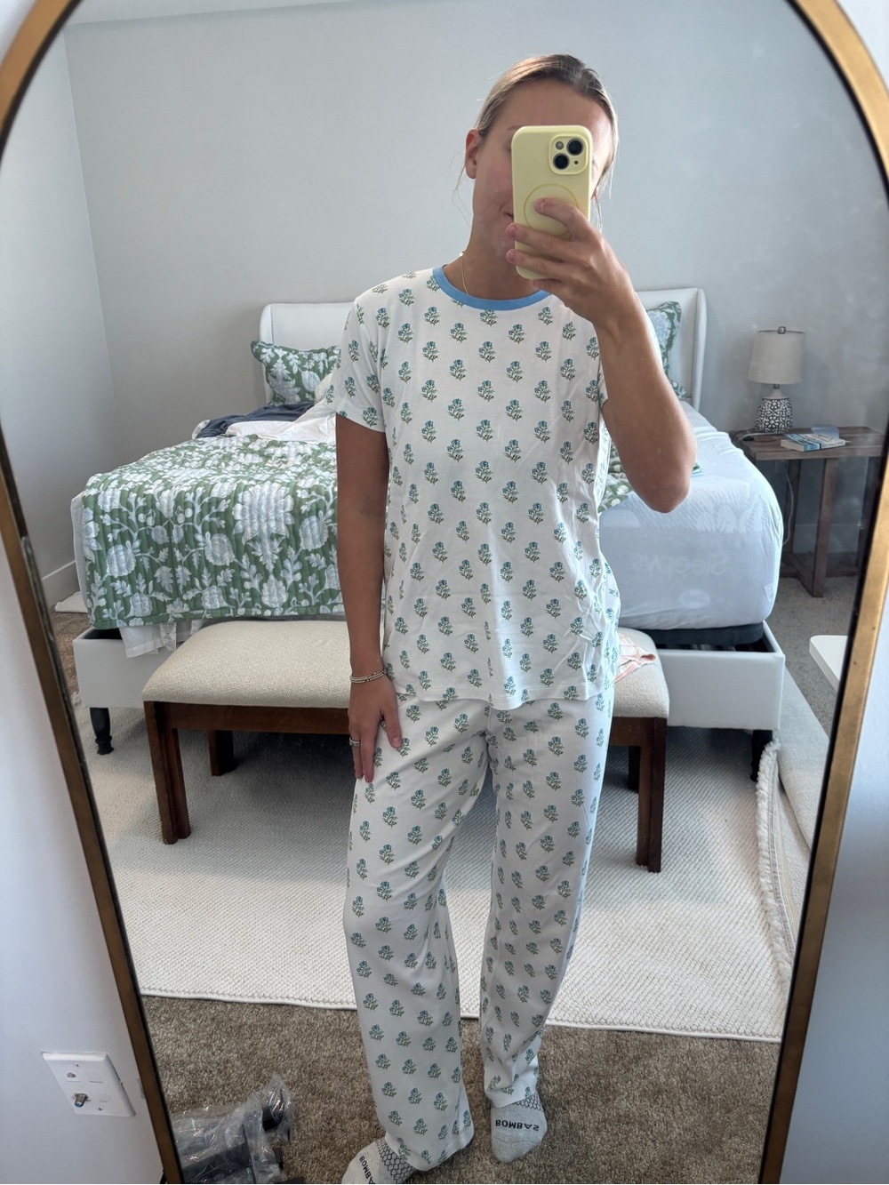 Women's LAKE White & Green Floral Pajama Set - Short Sleeve Top and Pants